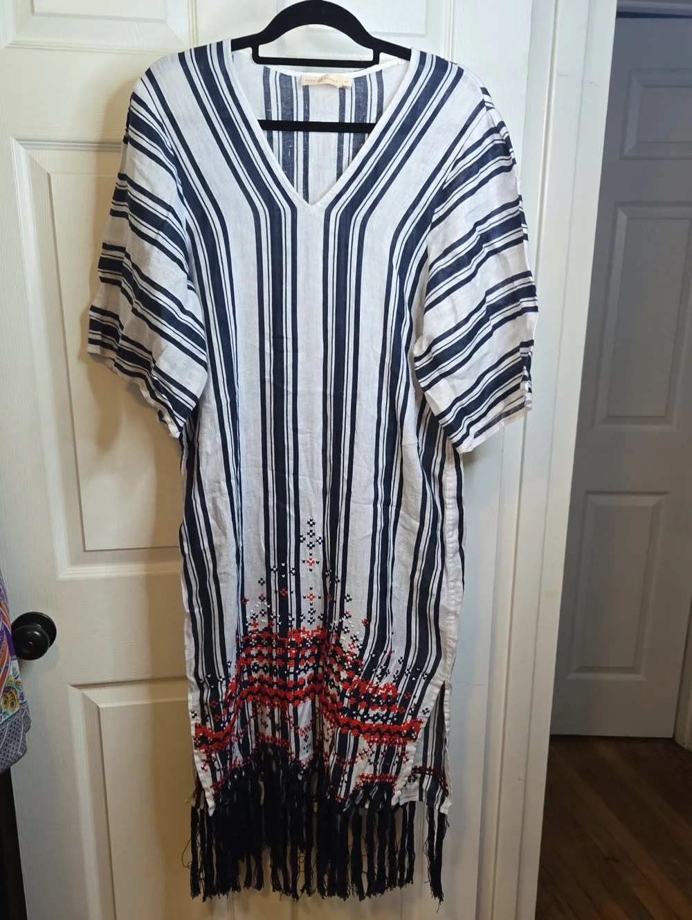 Tory Burch Navy and White Striped Maxi Red Embroidery Dress Oversized Up To Larg